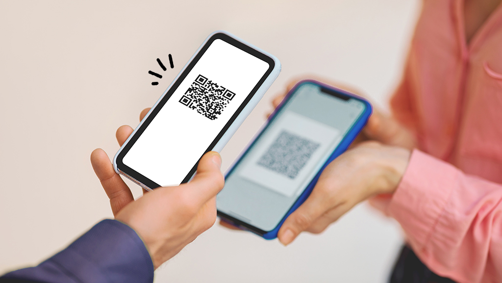 Digital Covid Vaccination Certificate. Unrecognizable Man Using Smartphone With Blank Screen Scanning QR Code On Lady's Phone, Closeup Of Hands Indoors. Modern Technology And Healthcare. Cropped